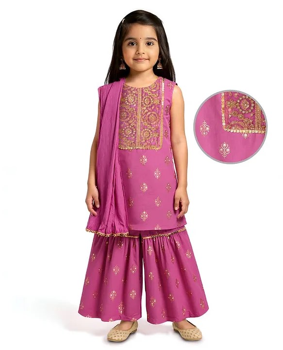 EARTHY TOUCH Cambric Woven Sleeveless Kurta Gharara Set with Dupatta Embroidery & Sequin Detailing - Purple